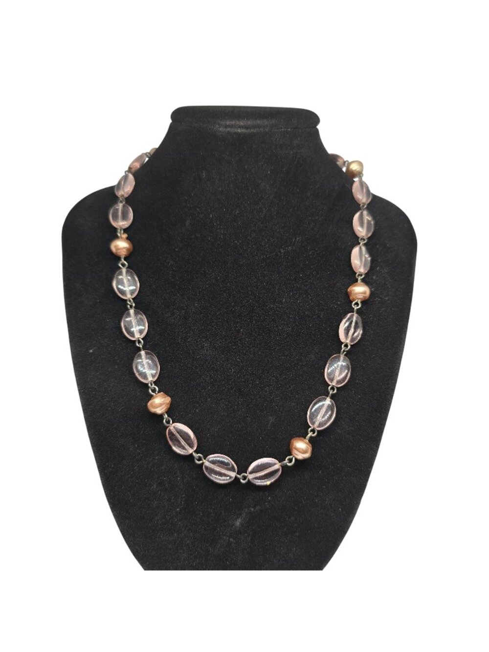 Pink Glass Bead Necklace Rose Gold Tone Pearl Accent Toggle Clasp‎ Statement